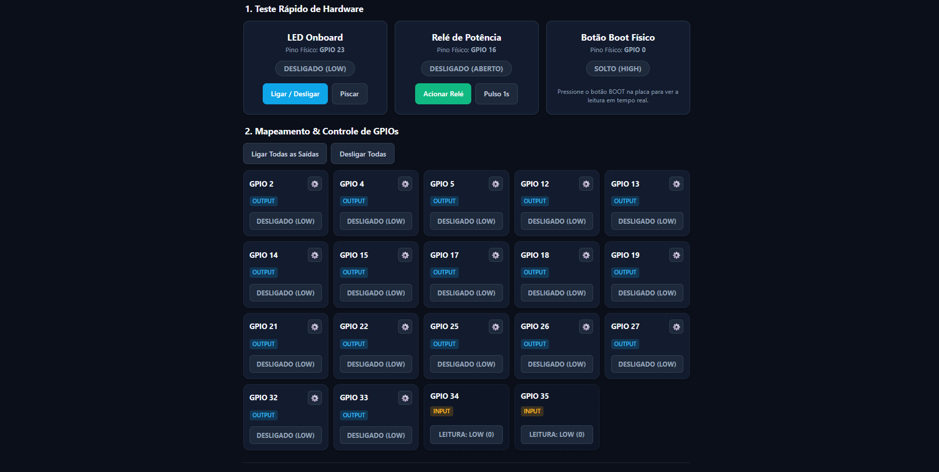 Interface web de controle e monitoramento da placa ESP32 com 2 relés de 30A RB2555
