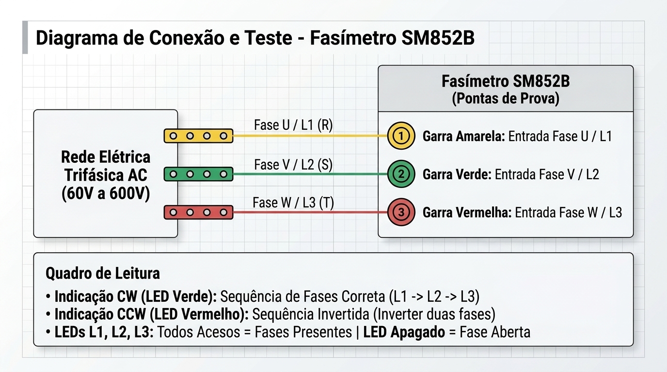 Diagrama de ligação elétrica do indicador e sequência de fase SM852B