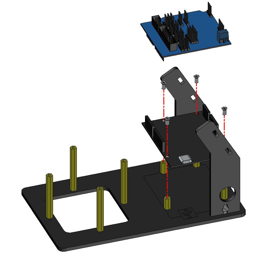 Passo 3: placa Uno e shield de expansão fixados na base com a USB voltada para trás