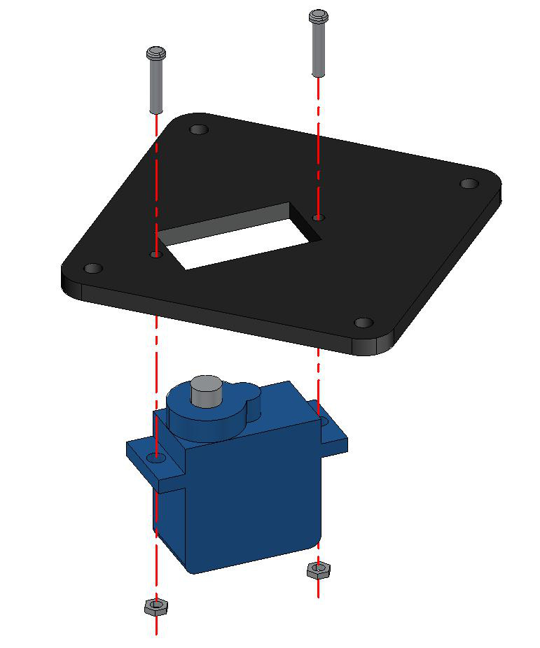 Passo 4: servo SG90 fixado ao bracket de acrílico com 2 parafusos M2