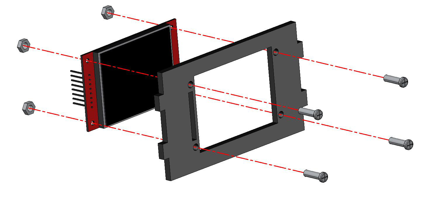 Passo 6: display TFT fixado à moldura de acrílico com 4 parafusos M3