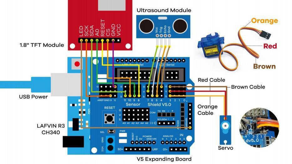 Passo 7: diagrama de fiação com TFT, HC-SR04 e servo ligados ao shield V5
