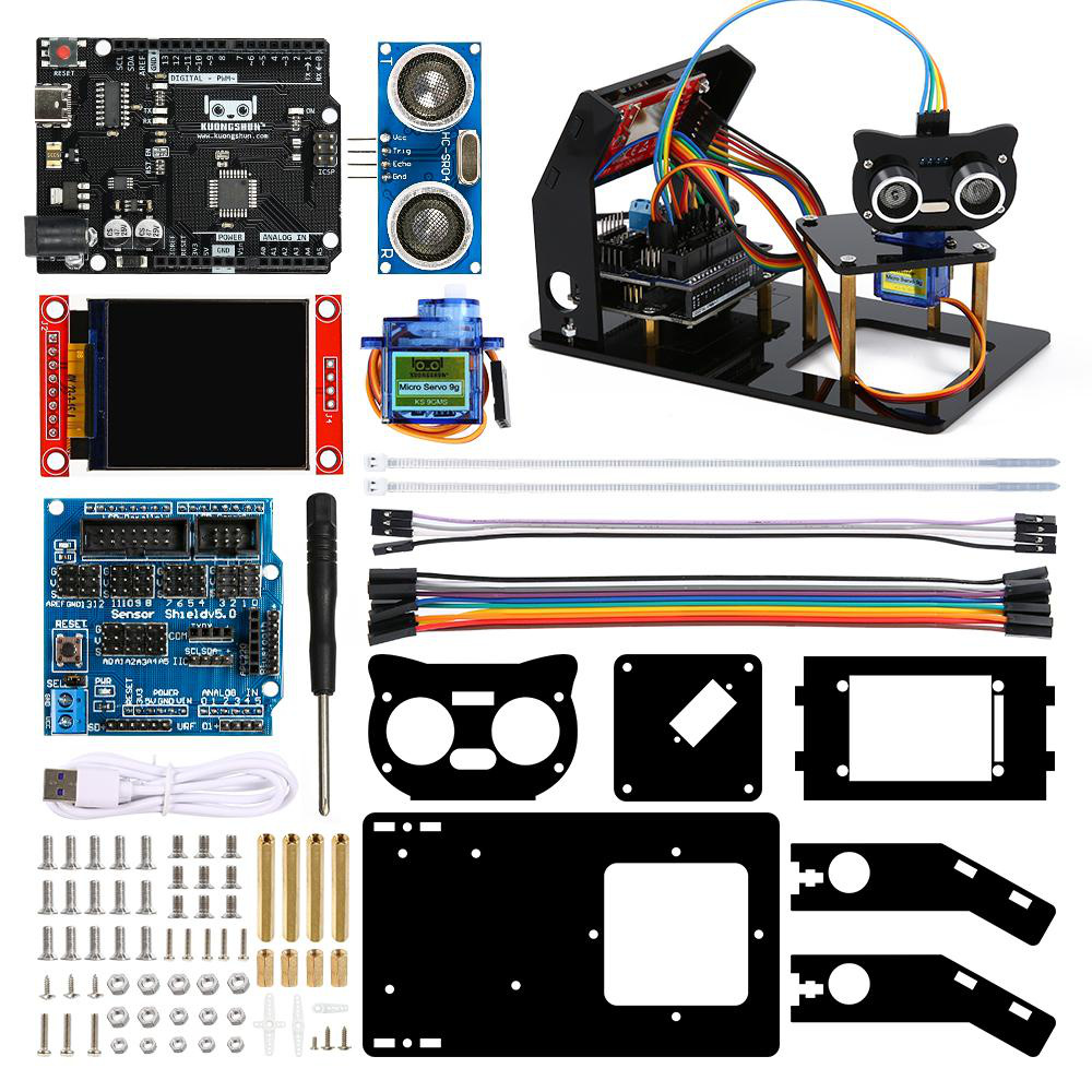 Lista de embalagem do kit: placas, servo, HC-SR04, TFT, acrílicos, parafusos, colunas e cabos