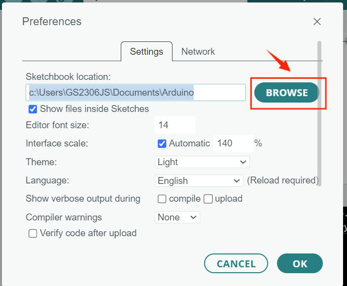 Preferências da IDE com o botão Browse do Sketchbook location