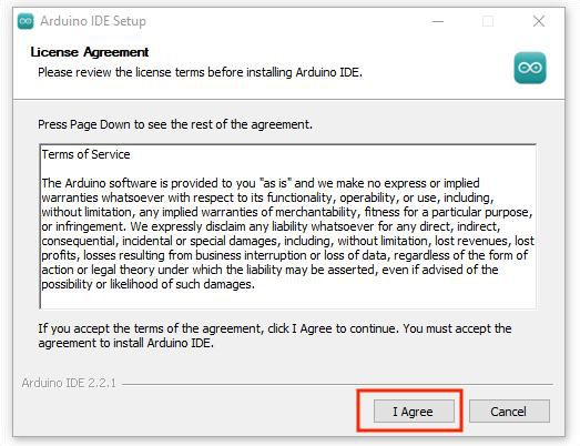 Licença da Arduino IDE com o botão I Agree