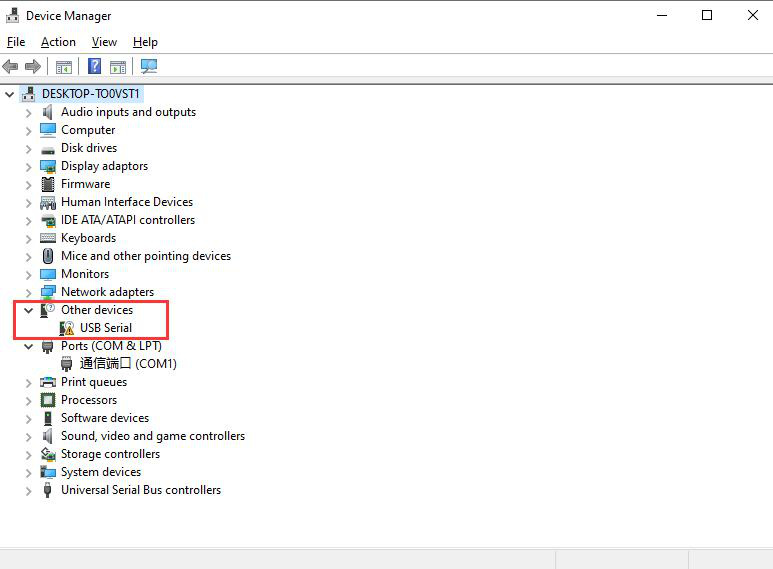 Gerenciador de Dispositivos com USB Serial sem driver em Outros dispositivos