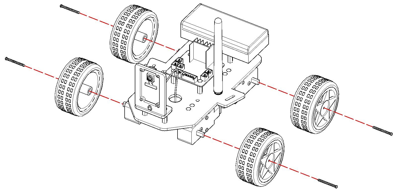 Passo 7 – Encaixe e fixação das rodas de tração nos eixos dos motores