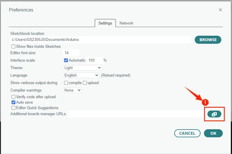 Preferências da Arduino IDE – Inserção da URL de placas ESP32