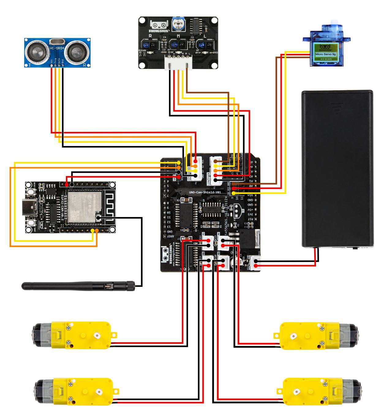 Diagrama de fiação oficial Kuongshun AD176: UNO-Cam-Shield, ESP32-CAM, HC-SR04, seguidor IR, servo, motores e bateria