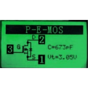 Display LCR-T4 ao medir transistor MOSFET canal P com indicação de Dreno, Gate e Source