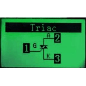 Display LCR-T4 ao medir componente TRIAC com mapeamento de pinagem