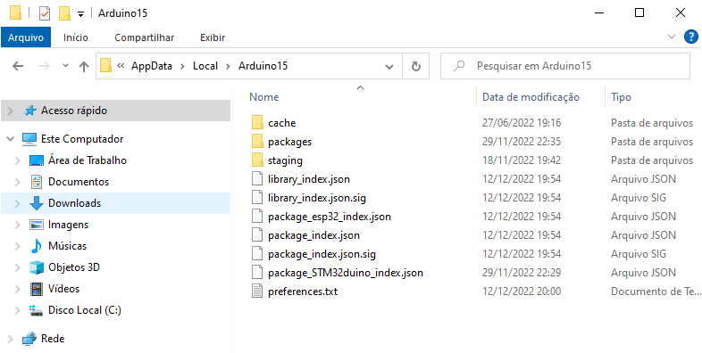 Exclusão de diretório legado do Arduino15 no AppData do Windows