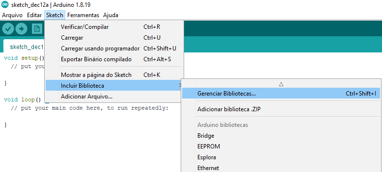 Menu Gerenciador de Bibliotecas na IDE Arduino