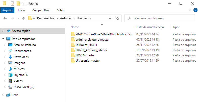 Pasta de bibliotecas do Arduino no diretório de Documentos