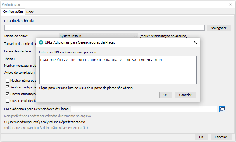 Inserção da URL oficial do pacote ESP32 nas preferências