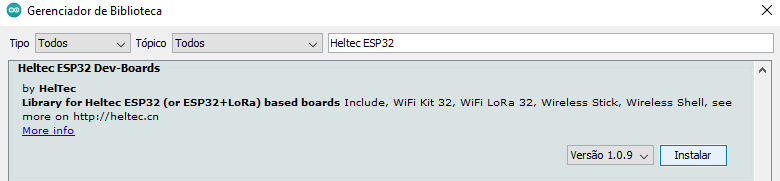 Instalação da biblioteca Heltec ESP32 Dev-Boards versão 1.0.9