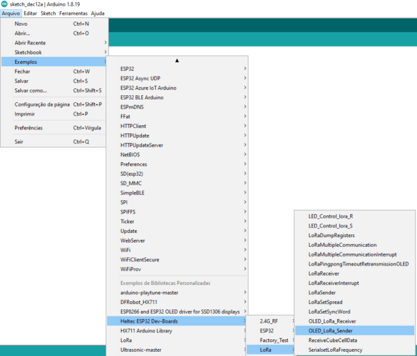 Abertura do exemplo OLED_LoRa_Sender no menu de Exemplos