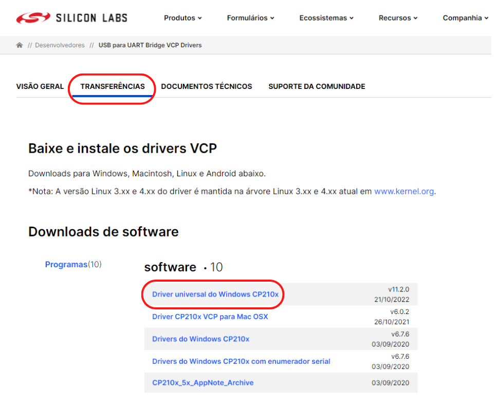 Download do instalador do driver CP210x USB to UART Bridge