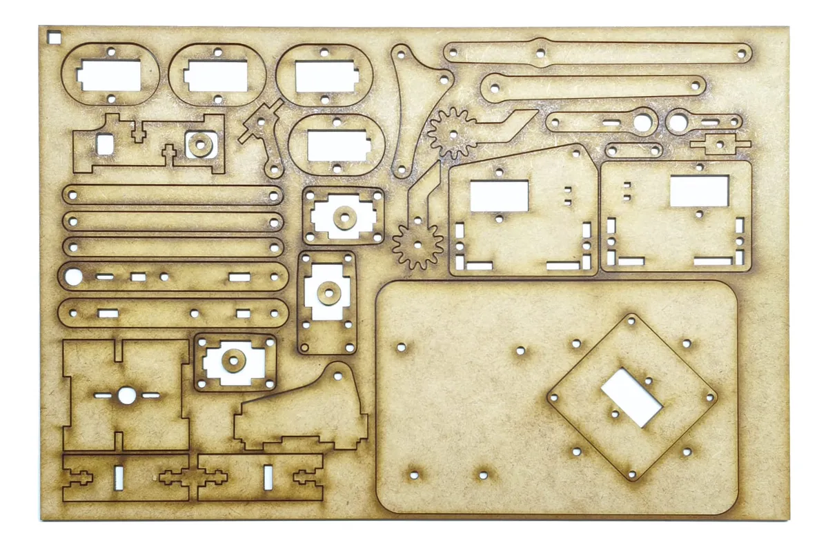 Visão geral de todas as peças cortadas a laser do kit meArm V0.4