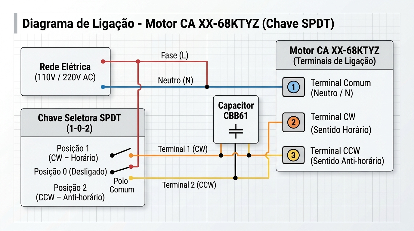 Diagrama de ligação esquemático do Motor CA XX-68KTYZ com Chave Seletora SPDT 1-0-2