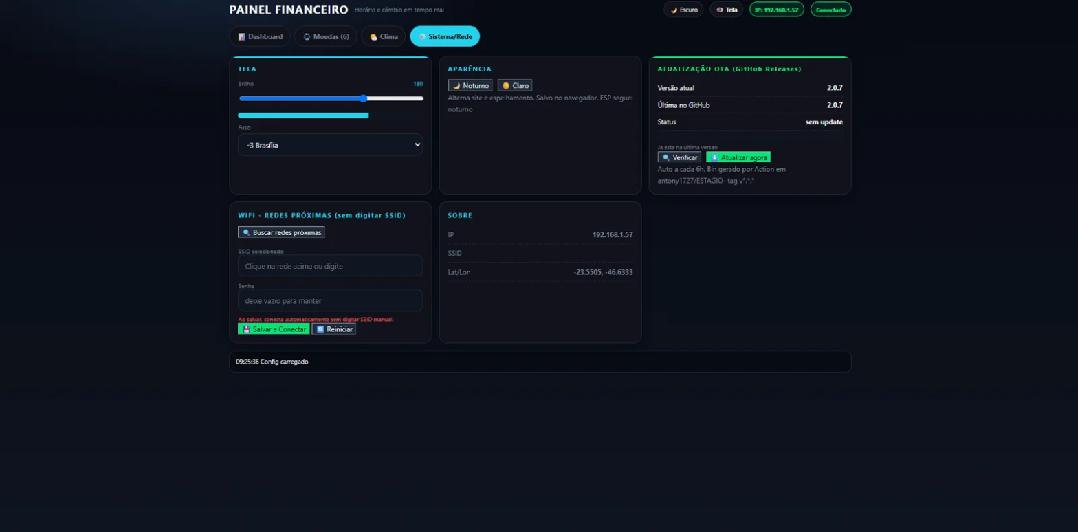 Aba Sistema e Rede da interface web do painel financeiro