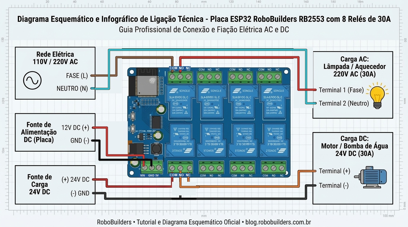 Diagrama esquemático de ligação elétrica profissional da placa ESP32 com 8 relés de 30A RB2553 para cargas AC e DC