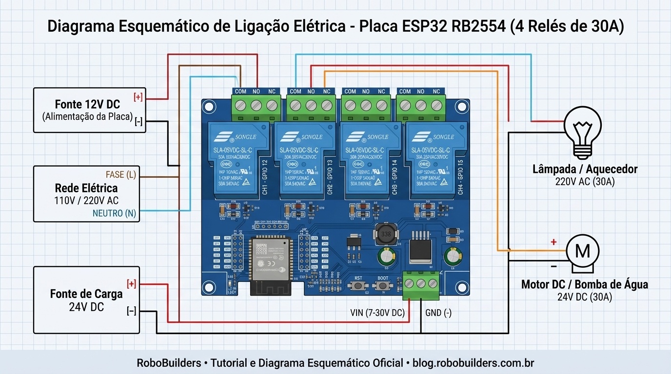 Diagrama esquemático de ligação elétrica da placa ESP32 com 4 relés de 30A RB2554 para cargas AC e DC