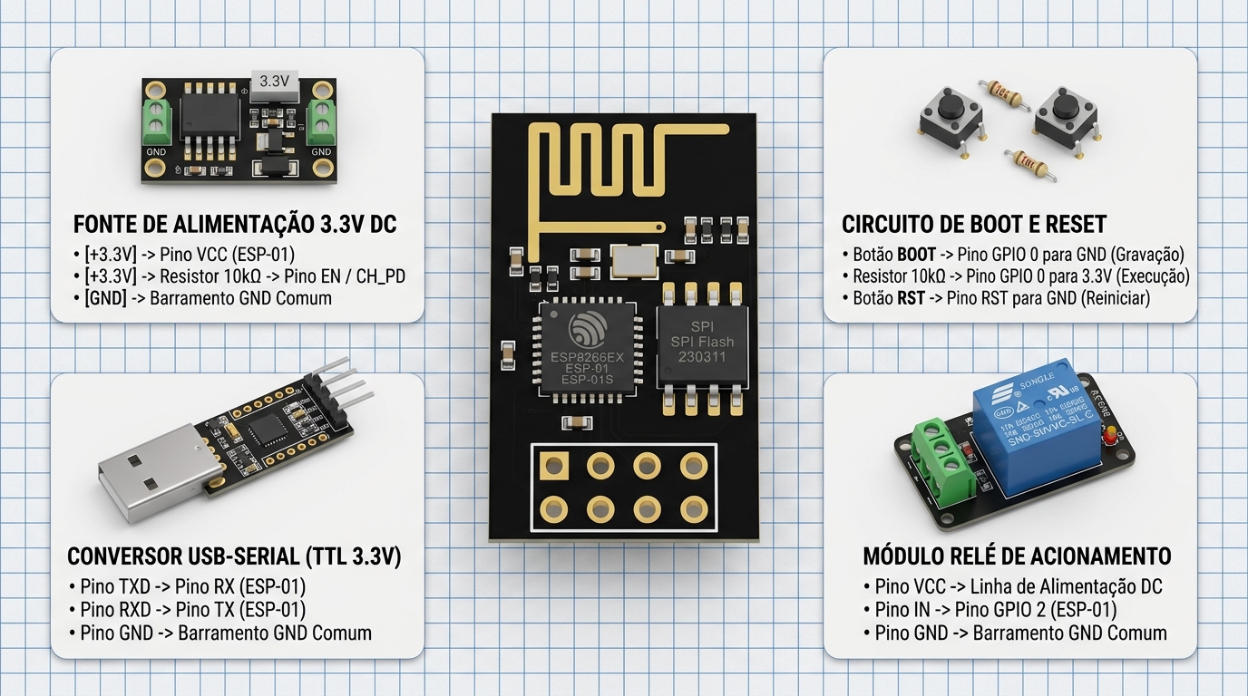 Diagrama de ligação elétrica do Módulo ESP8266 ESP-01 Mini 32bits