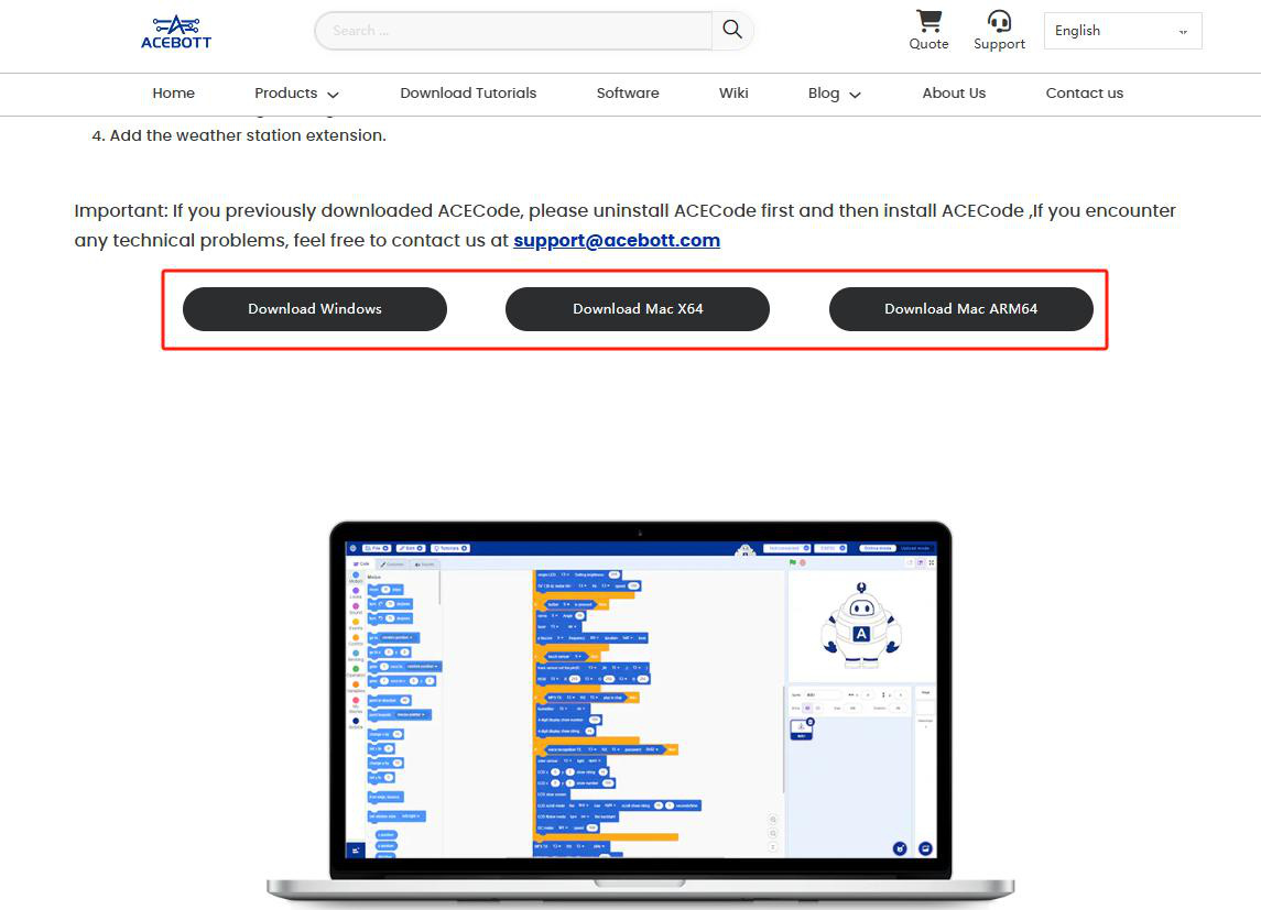 Área de trabalho do ACECode destacando o menu superior e paleta de blocos