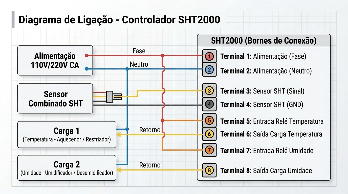Diagrama de ligação elétrica dos bornes do SHT2000