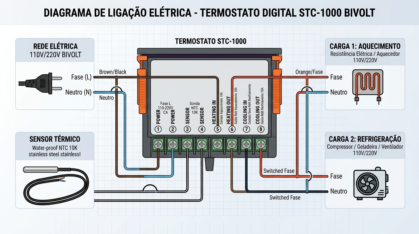 Diagrama de ligação elétrica do Termostato Digital STC-1000 Bivolt