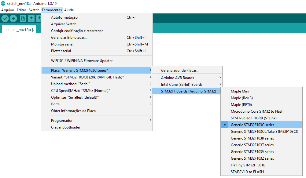 Código Blink aberto na IDE do Arduino adaptado para o pino PC13 do STM32