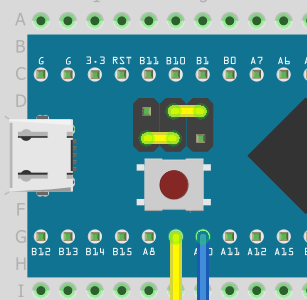 Posicionamento dos jumpers amarelos da placa no modo de programação com BOOT0 em nível 1
