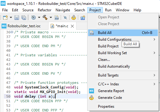 Menu de compilação Build All no STM32CubeIDE