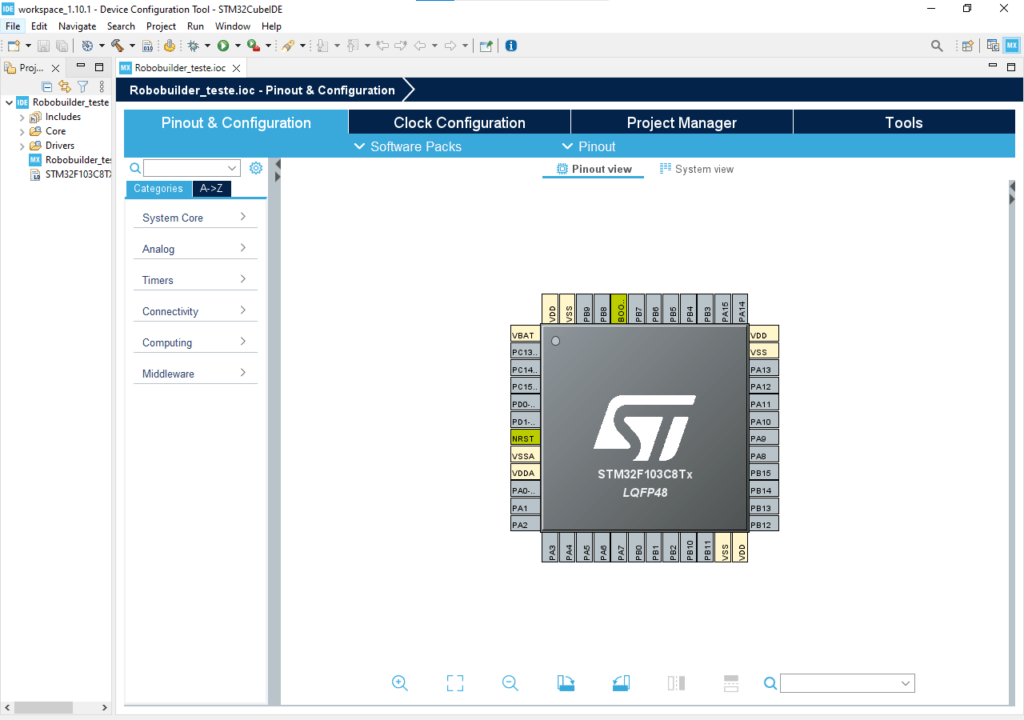 Tela principal da ferramenta visual de configuração de pinos do STM32Cube