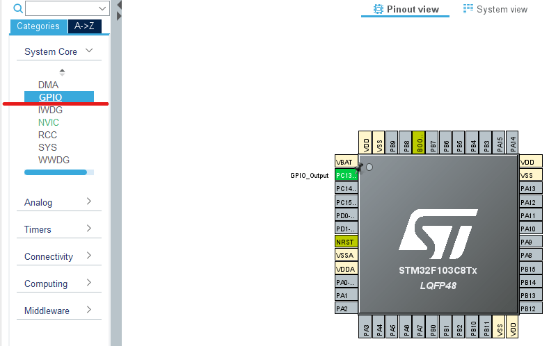 Visualização dos parâmetros de GPIO configurados