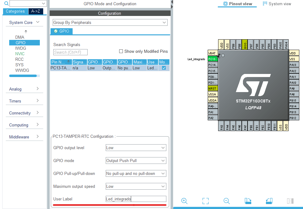 Definição do rótulo Led_integrado para o pino PC13