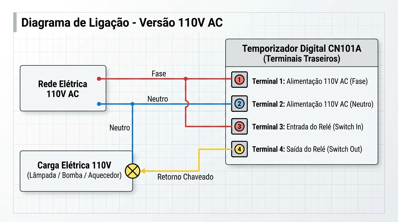 Diagrama de ligação elétrica do temporizador digital CN101A - Versão 110V AC