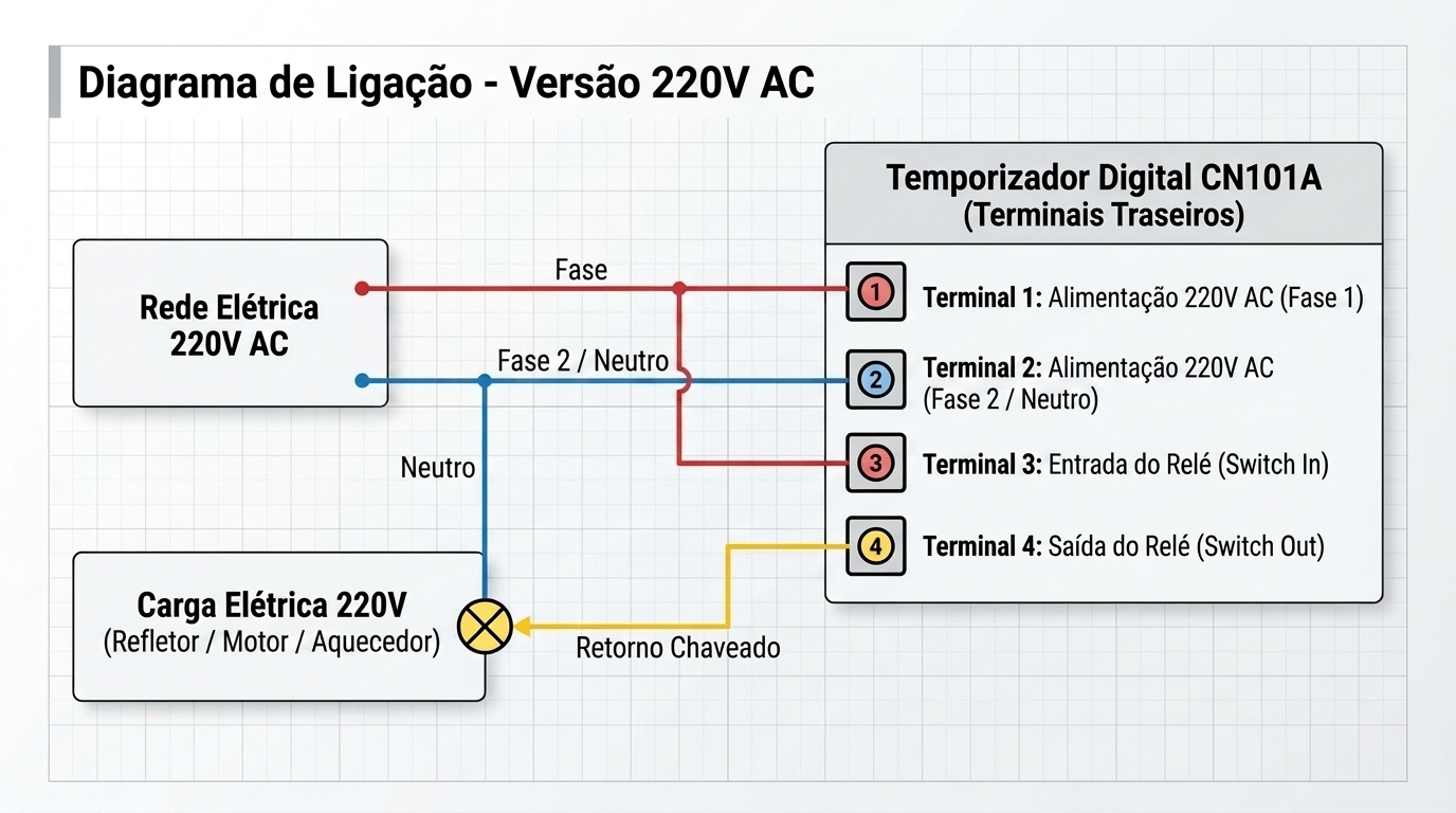 Diagrama de ligação elétrica do temporizador digital CN101A - Versão 220V AC