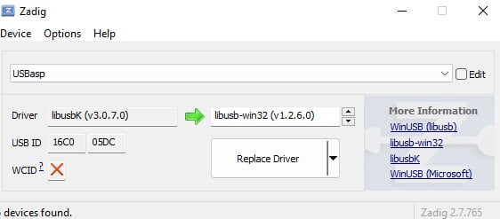 Zadig - Seleção do dispositivo USBasp, escolha do driver libusb-win32 e botão Replace Driver