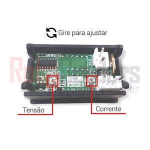 Traseira da placa com indicação detalhada dos trimpots de ajuste de corrente e tensão