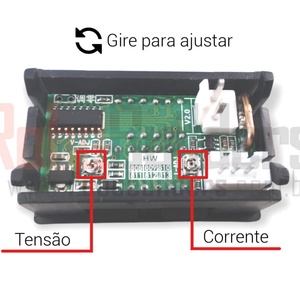 Trimpots traseiros de calibração de tensão V_ADJ e de corrente I_ADJ