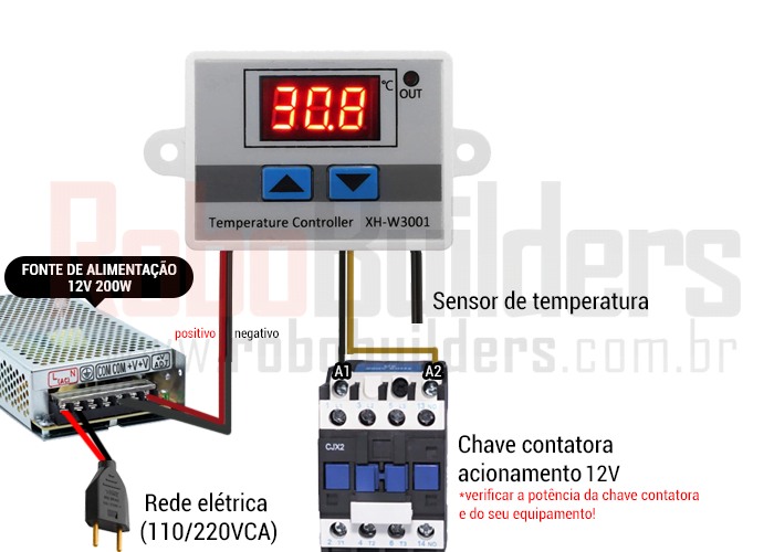 Ligação do termostato XH-W3001 12V acionando uma chave contatora de 12V para cargas acima de 10A